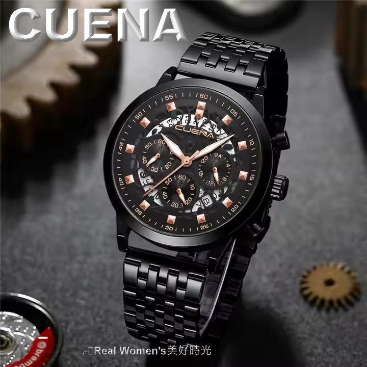 CUENA 多功能計時 日期 24小時 小秒盤 三眼 夜光指針 不鏽鋼帶 時尚型男腕錶 休閒商務錶 男錶-細節圖10