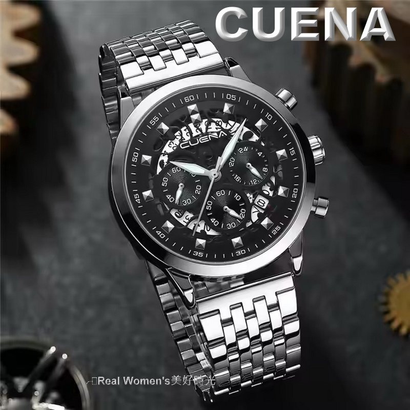 CUENA 多功能計時 日期 24小時 小秒盤 三眼 夜光指針 不鏽鋼帶 時尚型男腕錶 休閒商務錶 男錶-細節圖11
