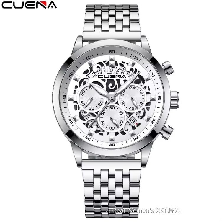 CUENA 多功能計時 日期 24小時 小秒盤 三眼 夜光指針 不鏽鋼帶 時尚型男腕錶 休閒商務錶 男錶-規格圖11