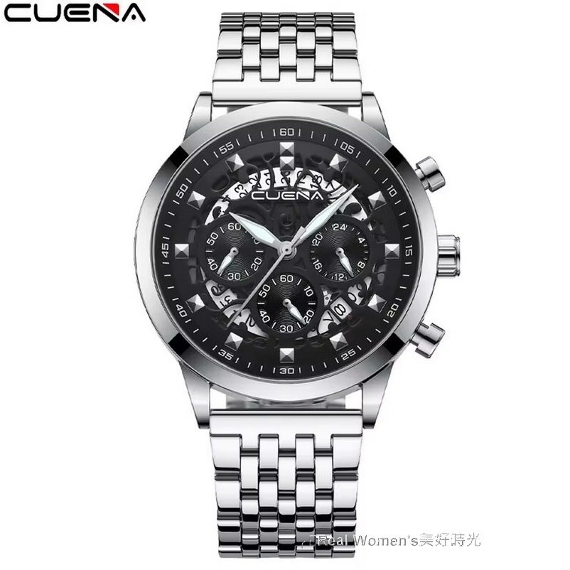 CUENA 多功能計時 日期 24小時 小秒盤 三眼 夜光指針 不鏽鋼帶 時尚型男腕錶 休閒商務錶 男錶-規格圖11