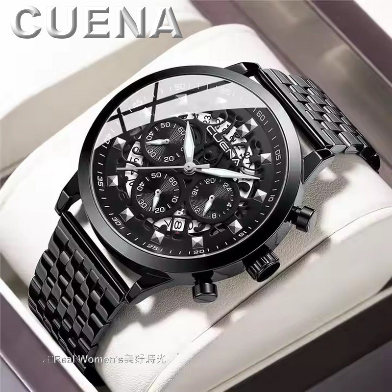 CUENA 多功能計時 日期 24小時 小秒盤 三眼 夜光指針 不鏽鋼帶 時尚型男腕錶 休閒商務錶 男錶-規格圖11