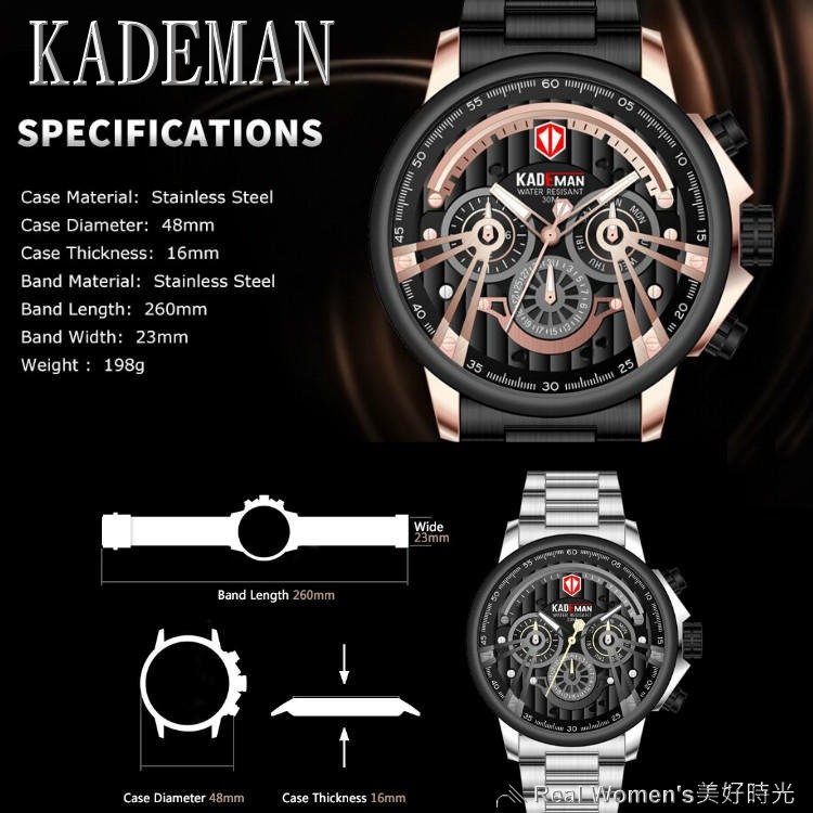 KADEMAN 多功能計時腕錶 真三眼 星期.日期 防水 商務.運動.服飾搭配 型男紳士手錶 男錶-細節圖3