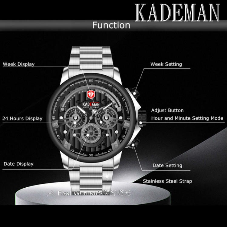 KADEMAN 多功能計時腕錶 真三眼 星期.日期 防水 商務.運動.服飾搭配 型男紳士手錶 男錶-細節圖7