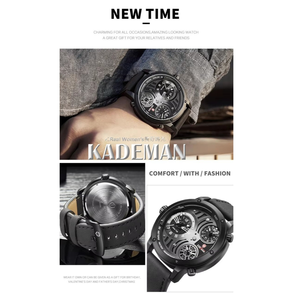 KADEMAN 多功能計時腕錶 真三眼 三時區 防水 商務.運動.休閒百搭 潮男品味 男手錶 男錶-細節圖3