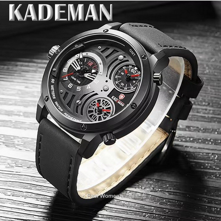 KADEMAN 多功能計時腕錶 真三眼 三時區 防水 商務.運動.休閒百搭 潮男品味 男手錶 男錶-規格圖9