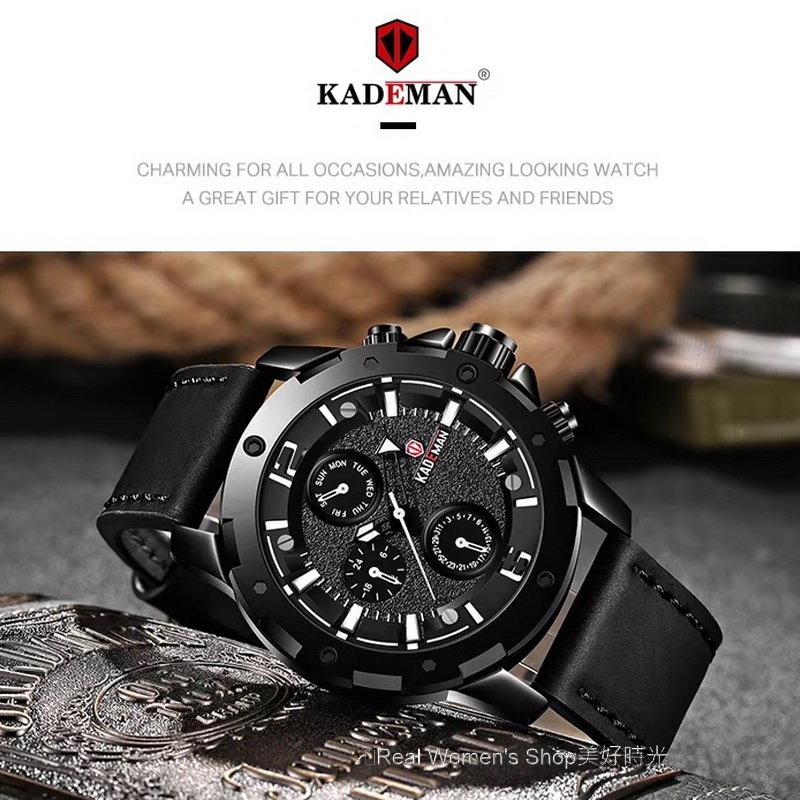 KADEMAN 多功能計時 菁英腕錶 三眼日期.星期.24HR時區 防水 商務.運動.休閒百搭 型男品味 男手錶 男錶-細節圖2