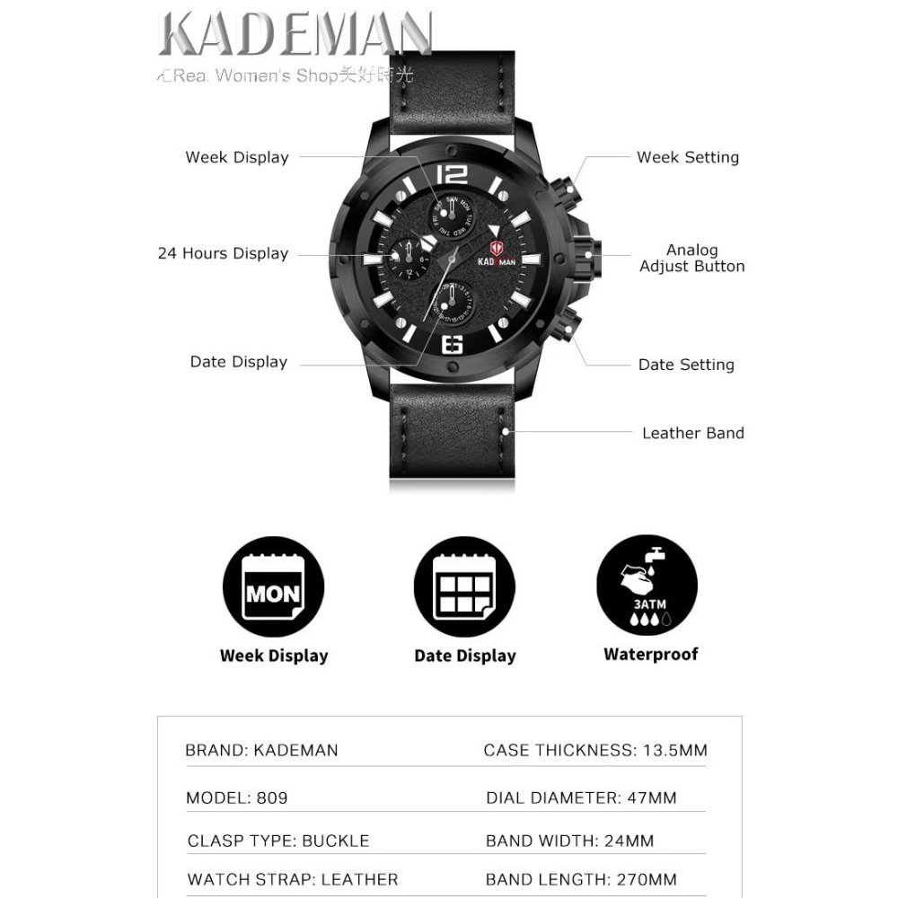 KADEMAN 多功能計時 菁英腕錶 三眼日期.星期.24HR時區 防水 商務.運動.休閒百搭 型男品味 男手錶 男錶-細節圖3