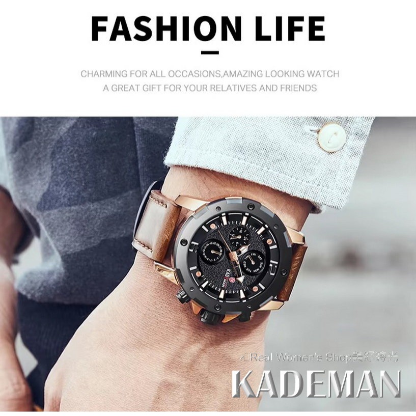 KADEMAN 多功能計時 菁英腕錶 三眼日期.星期.24HR時區 防水 商務.運動.休閒百搭 型男品味 男手錶 男錶-細節圖6