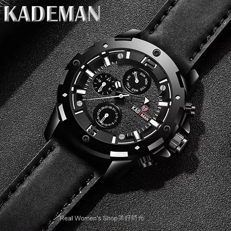 KADEMAN 多功能計時 菁英腕錶 三眼日期.星期.24HR時區 防水 商務.運動.休閒百搭 型男品味 男手錶 男錶-細節圖7
