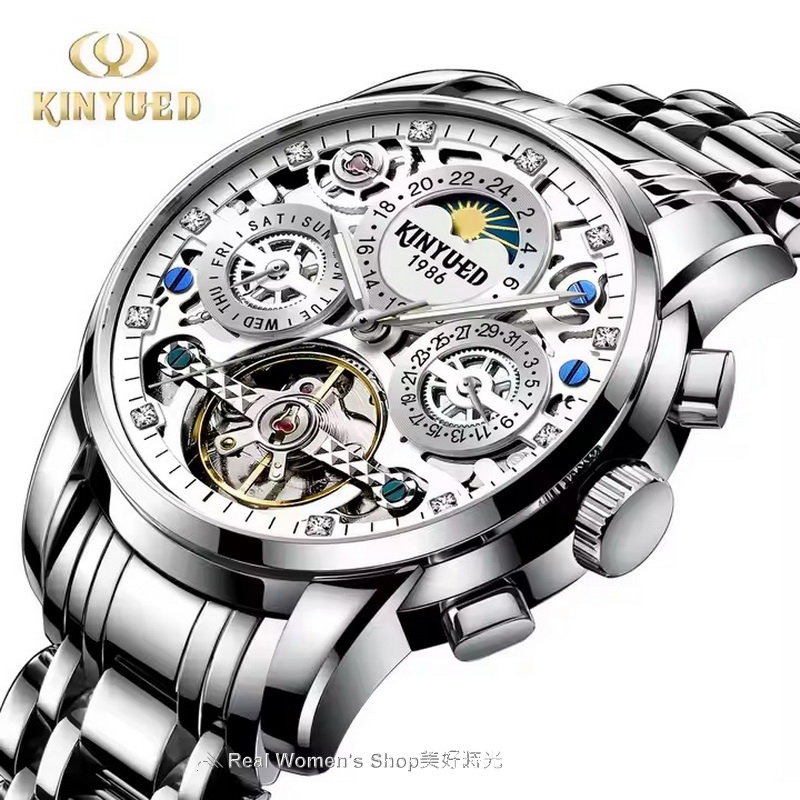 瑞士工藝 KINYUED 國王錶 日期 星期 陀飛輪 自動上鍊  精緻雕花 多功能機械錶  商務休閒錶 男錶-細節圖7