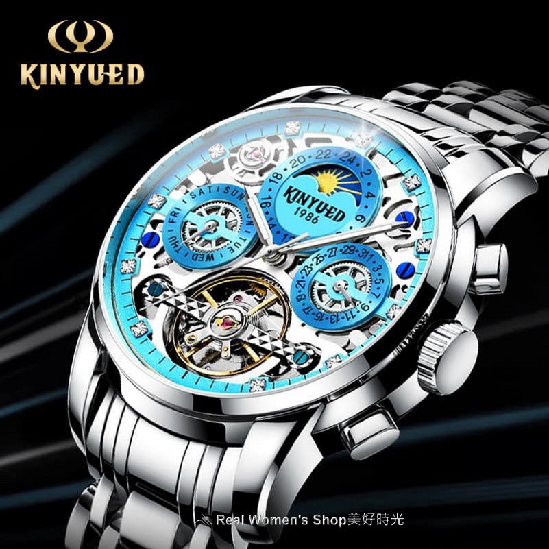 瑞士工藝 KINYUED 國王錶 日期 星期 陀飛輪 自動上鍊  精緻雕花 多功能機械錶  商務休閒錶 男錶-細節圖8