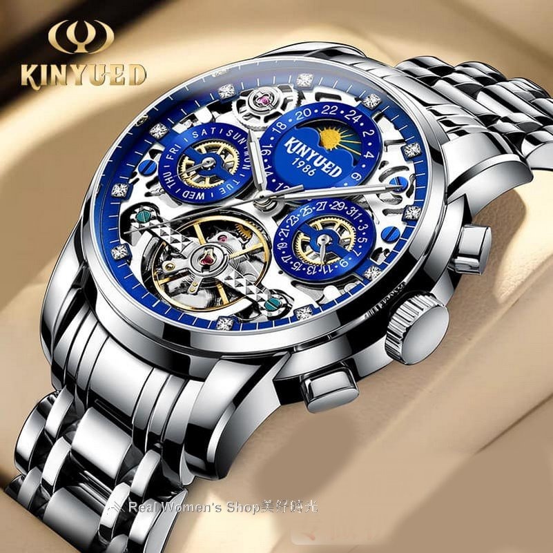 瑞士工藝 KINYUED 國王錶 日期 星期 陀飛輪 自動上鍊  精緻雕花 多功能機械錶  商務休閒錶 男錶-細節圖9