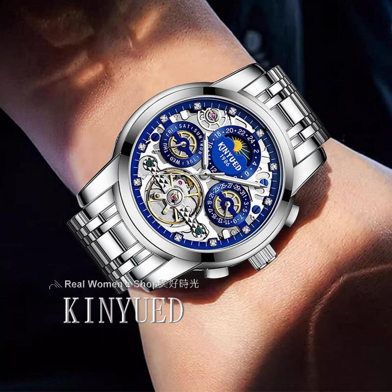 瑞士工藝 KINYUED 國王錶 日期 星期 陀飛輪 自動上鍊  精緻雕花 多功能機械錶  商務休閒錶 男錶-細節圖10