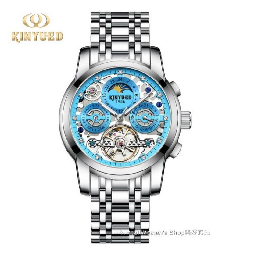 瑞士工藝 KINYUED 國王錶 日期 星期 陀飛輪 自動上鍊  精緻雕花 多功能機械錶  商務休閒錶 男錶-規格圖11