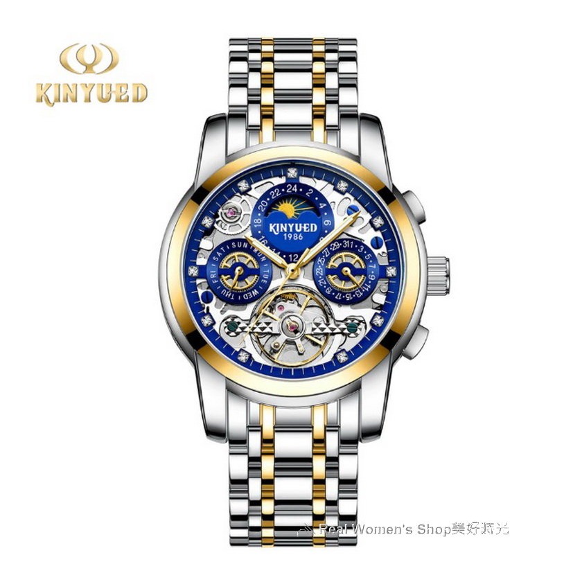 瑞士工藝 KINYUED 國王錶 日期 星期 陀飛輪 自動上鍊  精緻雕花 多功能機械錶  商務休閒錶 男錶-規格圖11