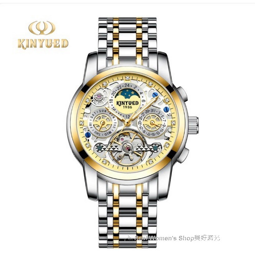 瑞士工藝 KINYUED 國王錶 日期 星期 陀飛輪 自動上鍊  精緻雕花 多功能機械錶  商務休閒錶 男錶-規格圖11