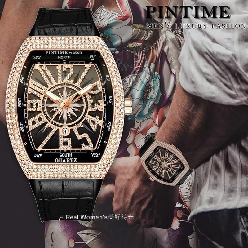 PINTIME 耀眼星芒 晶鑽錶 法蘭克穆勒酒桶型 玫瑰金大錶盤 中性錶 男錶 女錶 男女對錶-細節圖5