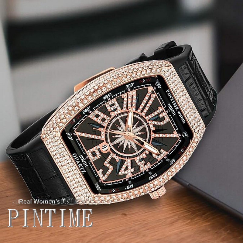 PINTIME 耀眼星芒 晶鑽錶 法蘭克穆勒酒桶型 玫瑰金大錶盤 中性錶 男錶 女錶 男女對錶-細節圖6