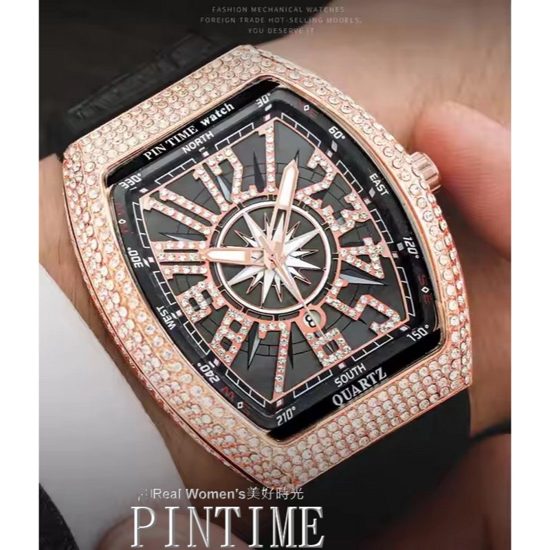 PINTIME 耀眼星芒 晶鑽錶 法蘭克穆勒酒桶型 玫瑰金大錶盤 中性錶 男錶 女錶 男女對錶-細節圖11