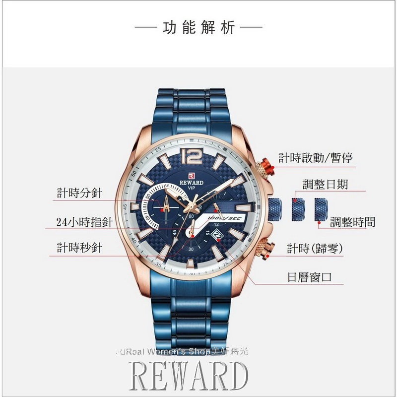 REWARD 三眼計時 日期 24HR時區 跑秒功能 運動休閒商務 時尚新貴 型男錶-細節圖4