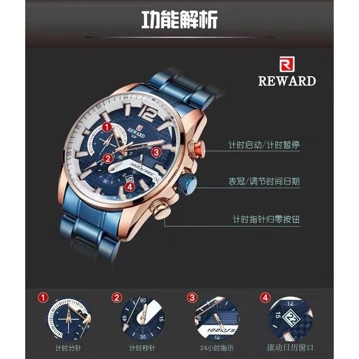 REWARD 三眼計時 日期 24HR時區 跑秒功能 運動休閒商務 時尚新貴 型男錶-細節圖6