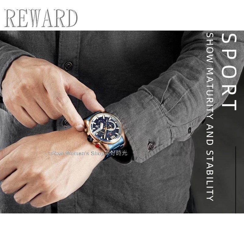 REWARD 三眼計時 日期 24HR時區 跑秒功能 運動休閒商務 時尚新貴 型男錶-細節圖10
