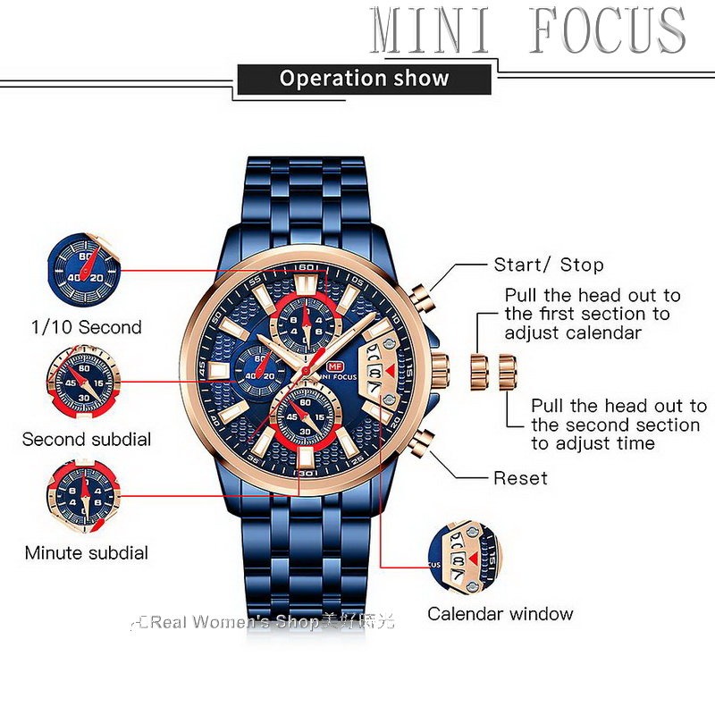 MINI FOCUS 三眼六針機械風 日期.夜光.防水. 多功能計時 型男運動商務休閒百搭 男錶(2色可選)-細節圖2