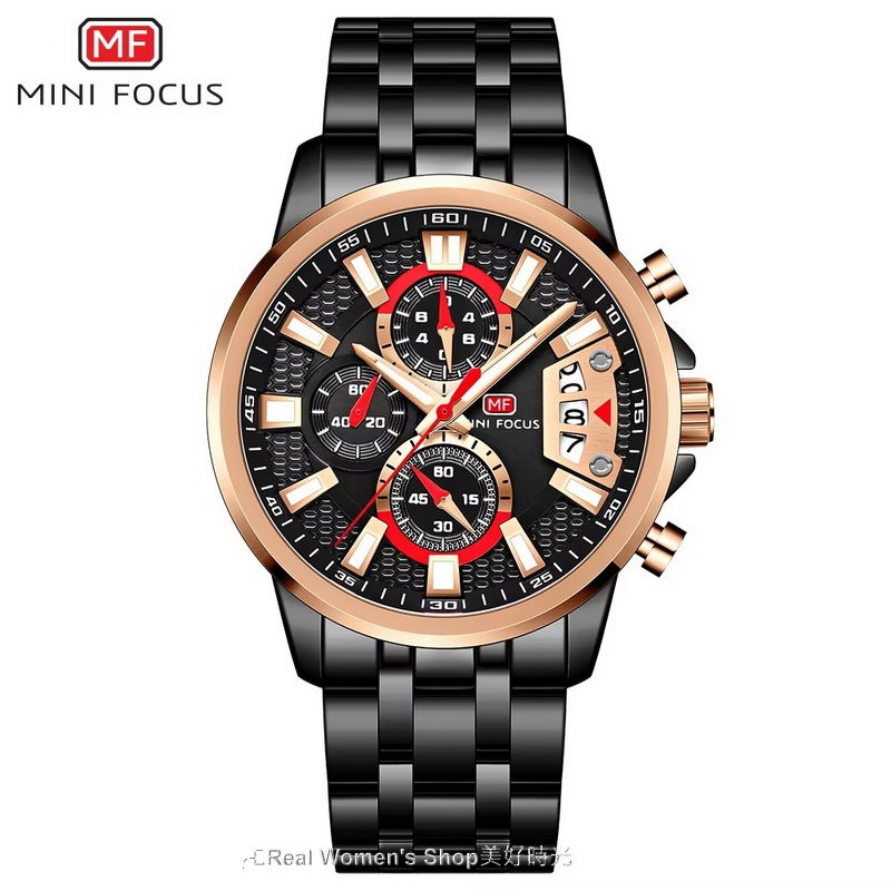 MINI FOCUS 三眼六針機械風 日期.夜光.防水. 多功能計時 型男運動商務休閒百搭 男錶(2色可選)-細節圖7