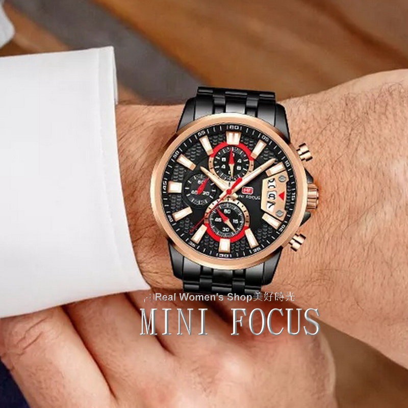 MINI FOCUS 三眼六針機械風 日期.夜光.防水. 多功能計時 型男運動商務休閒百搭 男錶(2色可選)-細節圖8