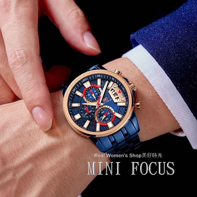 MINI FOCUS 三眼六針機械風 日期.夜光.防水. 多功能計時 型男運動商務休閒百搭 男錶(2色可選)-細節圖9