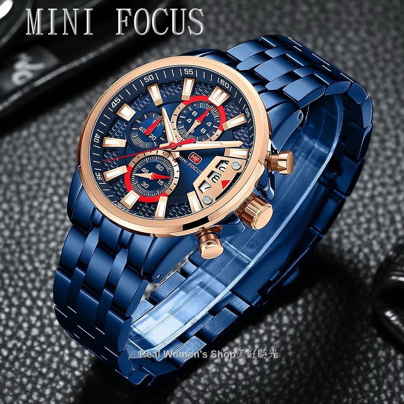 MINI FOCUS 三眼六針機械風 日期.夜光.防水. 多功能計時 型男運動商務休閒百搭 男錶(2色可選)-細節圖10
