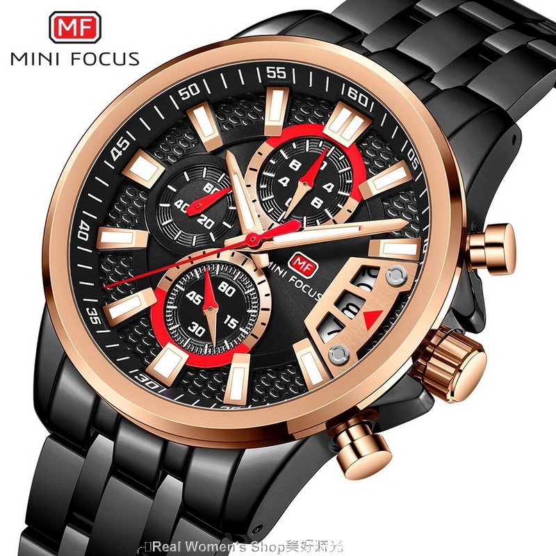 MINI FOCUS 三眼六針機械風 日期.夜光.防水. 多功能計時 型男運動商務休閒百搭 男錶(2色可選)-細節圖11