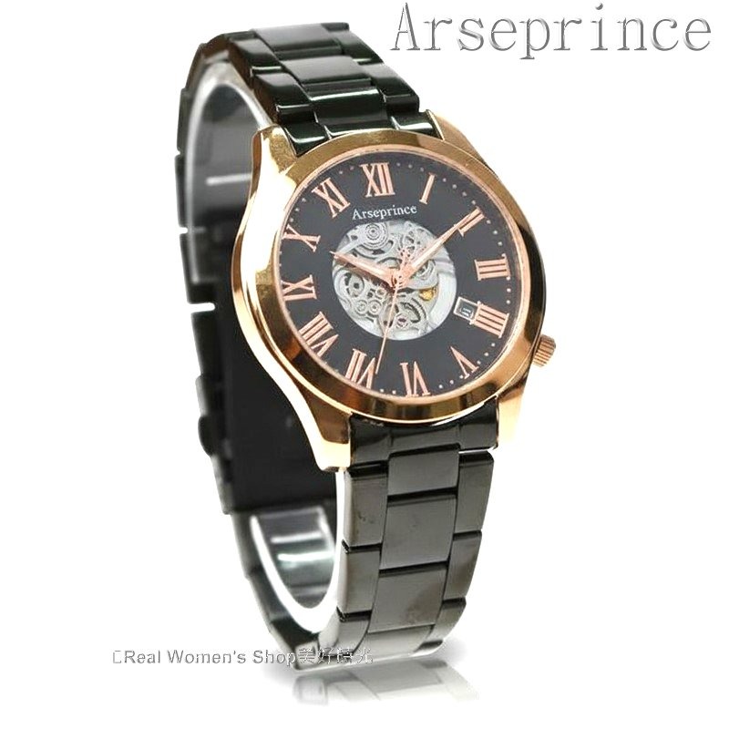 Arseprince 亞瑟王子 機械鏤空面盤 玫瑰金黑 藍寶石水晶鏡面 日期顯示  中性錶 男錶.女錶皆適用-細節圖4