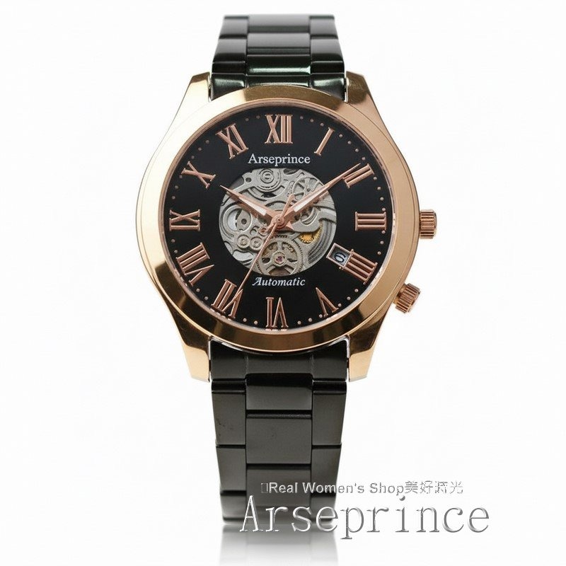 Arseprince 亞瑟王子 機械鏤空面盤 玫瑰金黑 藍寶石水晶鏡面 日期顯示  中性錶 男錶.女錶皆適用-細節圖7