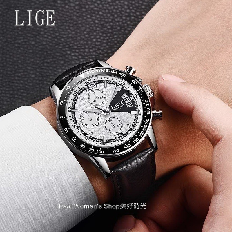 LIGE 魅力三眼 多功能計時  日期顯示  夜光指針 商務休閒時尚穿搭 時尚新貴 型男錶-細節圖4