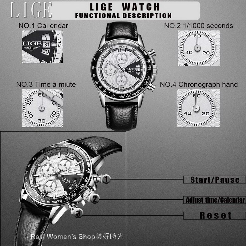 LIGE 魅力三眼 多功能計時  日期顯示  夜光指針 商務休閒時尚穿搭 時尚新貴 型男錶-細節圖5