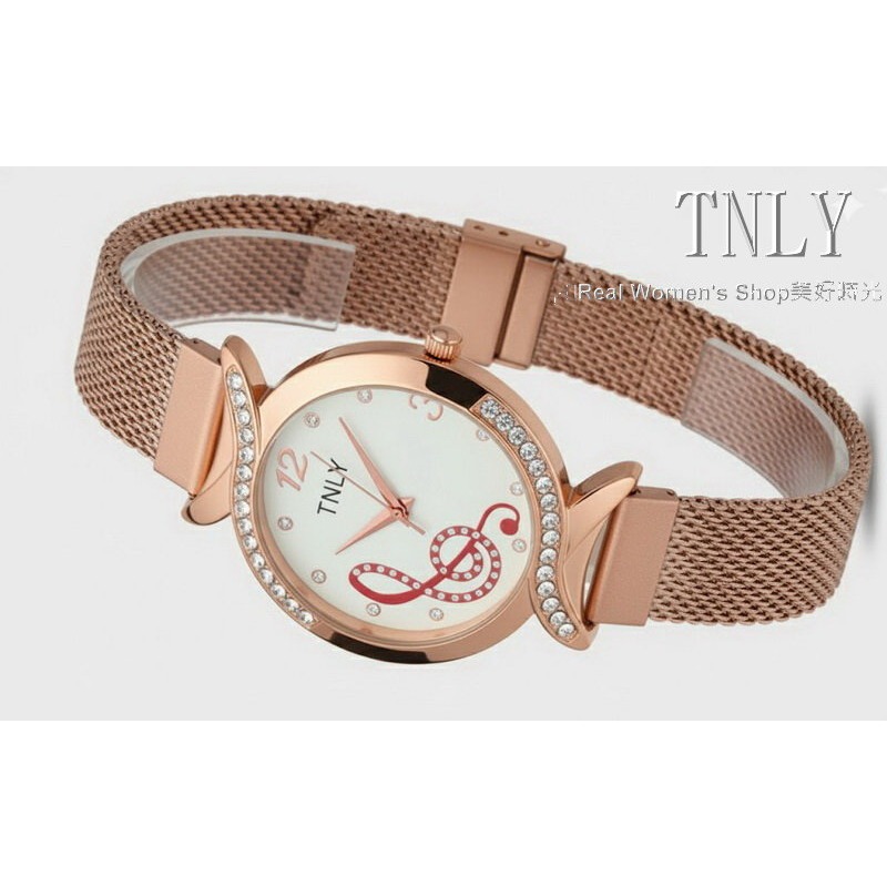 TNLY 義式風情浪漫音符錶  晶鑽鑲嵌 網狀編織手錶鍊帶 時尚名媛 淑女錶-細節圖6