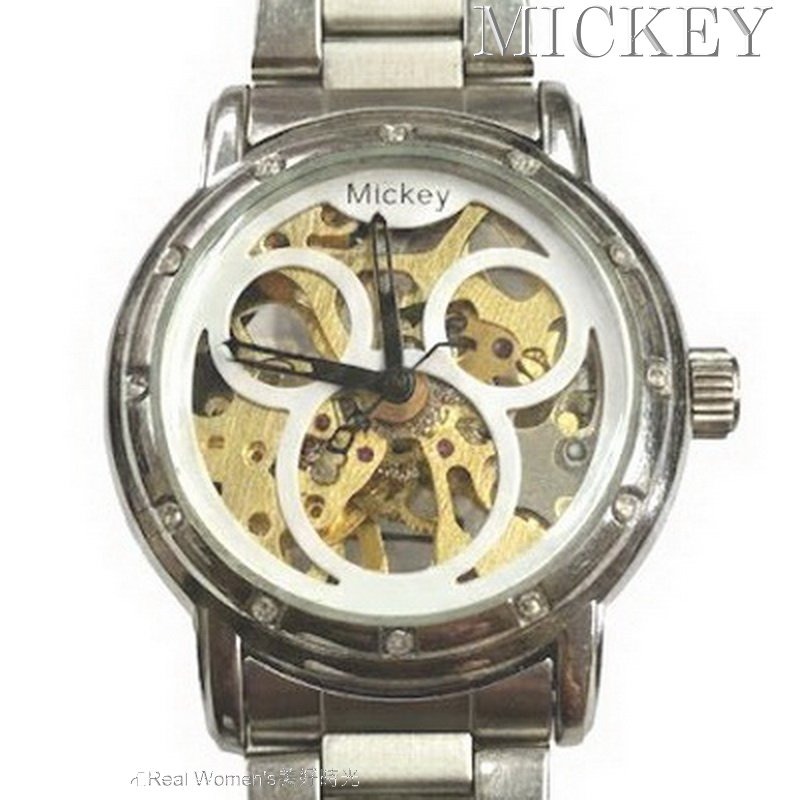 MICKEY 迪士尼 米奇 米老鼠 機械錶 透明鏤空面盤 永不用電池 男錶 女錶 手上鍊機械錶-細節圖2