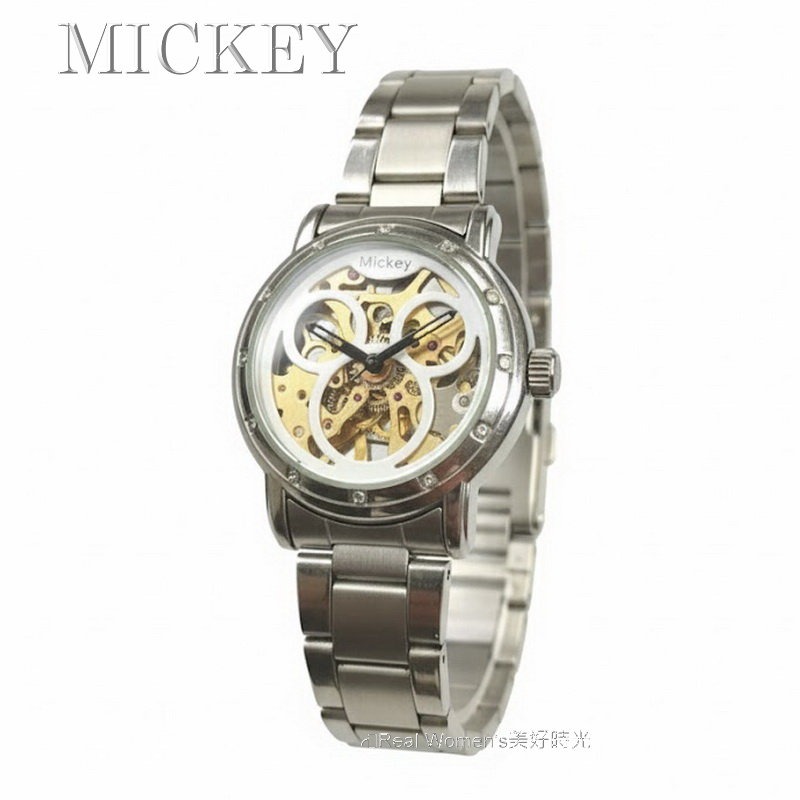 MICKEY 迪士尼 米奇 米老鼠 機械錶 透明鏤空面盤 永不用電池 男錶 女錶 手上鍊機械錶-細節圖4