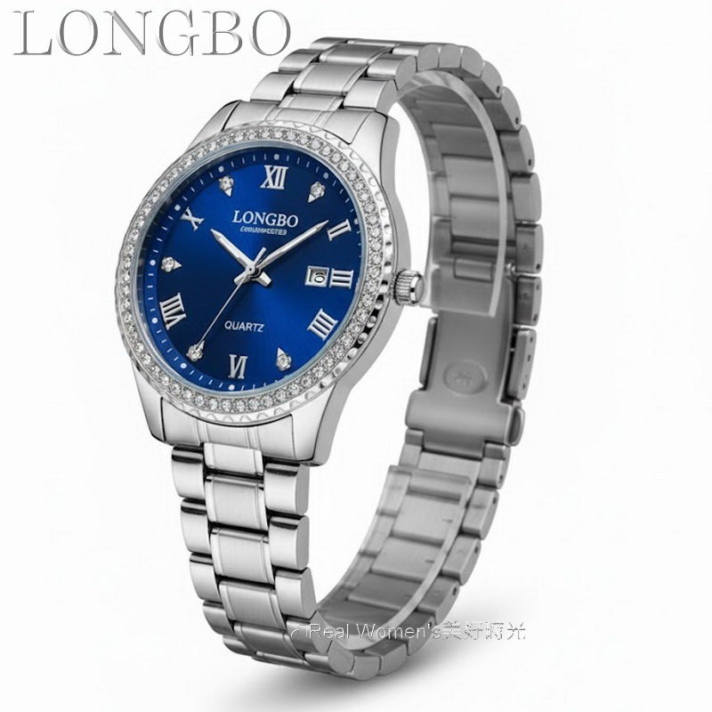 LONGBO 紳士藍調菁英錶 輕奢鑽圈 不鏽鋼帶 日期顯示 時尚風雅 商務休閒百搭 男錶-細節圖5