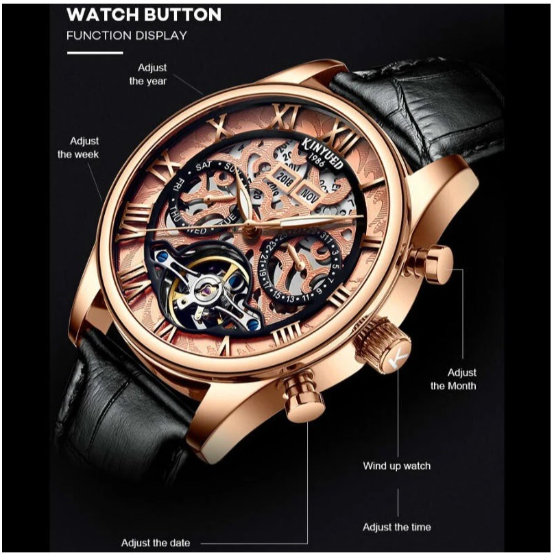 瑞士工藝 KINYUED 國王錶 萬年曆 計年.月份.星期.多功能 機械錶 年月星日 雕花 陀飛輪 自動上鍊 男錶 手錶-細節圖4