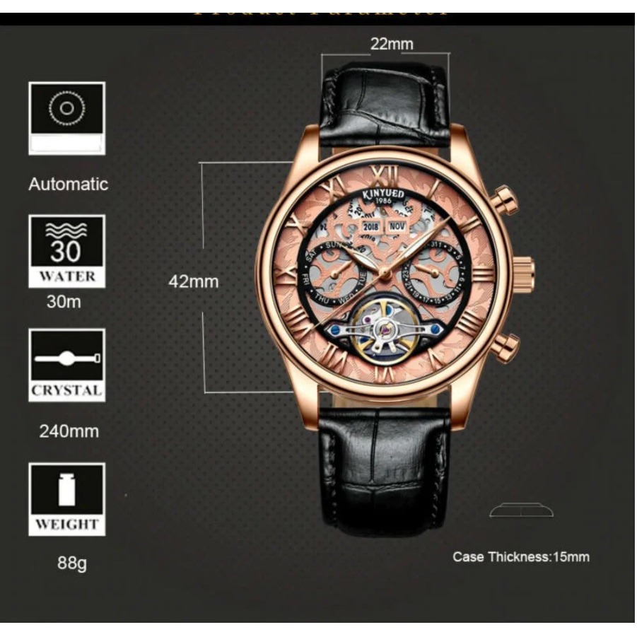 瑞士工藝 KINYUED 國王錶 萬年曆 計年.月份.星期.多功能 機械錶 年月星日 雕花 陀飛輪 自動上鍊 男錶 手錶-細節圖5