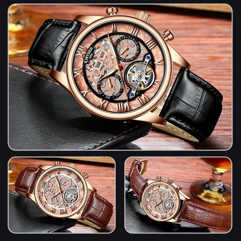 瑞士工藝 KINYUED 國王錶 萬年曆 計年.月份.星期.多功能 機械錶 年月星日 雕花 陀飛輪 自動上鍊 男錶 手錶-細節圖6