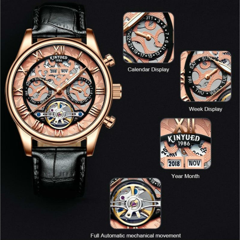 瑞士工藝 KINYUED 國王錶 萬年曆 計年.月份.星期.多功能 機械錶 年月星日 雕花 陀飛輪 自動上鍊 男錶 手錶-細節圖7