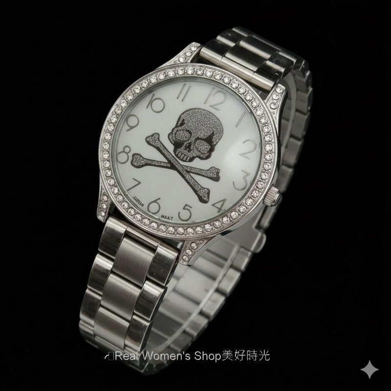 個性宣言！ 防水防刮 閃耀骷髏鑽錶 精準計時 日本機芯 不鏽鋼帶 大錶面 女生酷炫手錶 中性錶-細節圖7