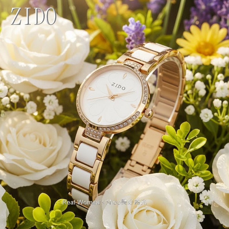 ZIDO 花卉浮雕 陶瓷錶 玫瑰金邊 晶鑽錶圈 黑白雙色 立體花盤 氣質名媛 淑女錶 打造不凡氣場-細節圖3