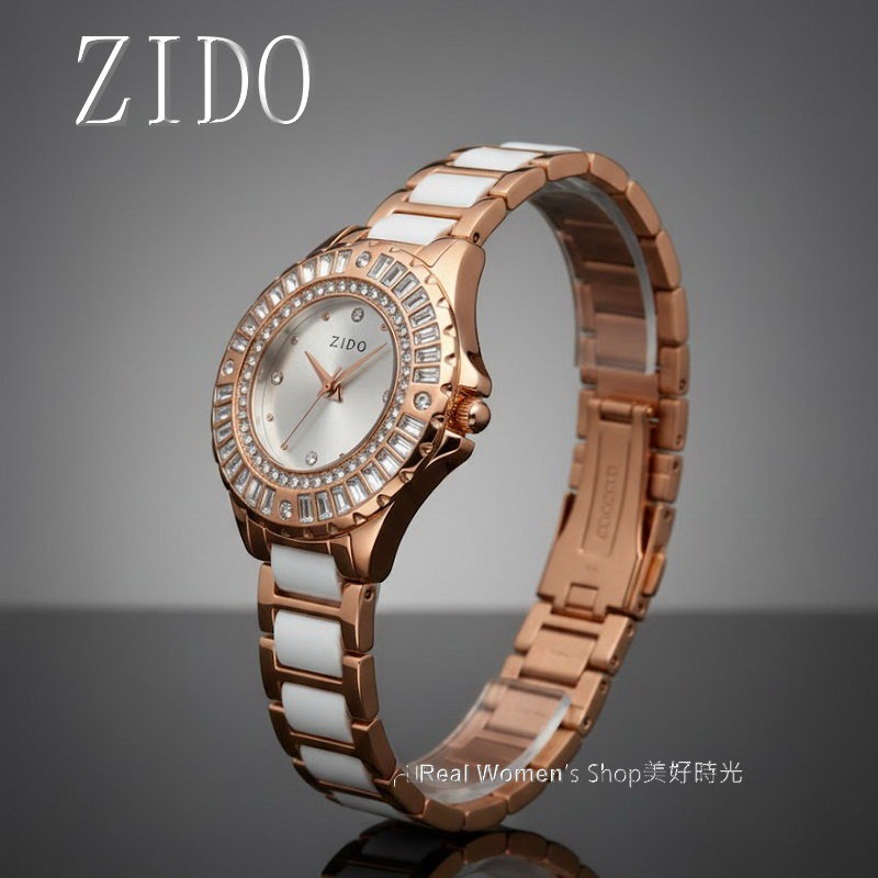 ZIDO 玫瑰金白陶瓷鑲鑽女錶 玫瑰金相間 陶瓷錶帶 晶鑽錶圈 粉&白2色 輕奢名媛款 送禮自戴都高級-細節圖4