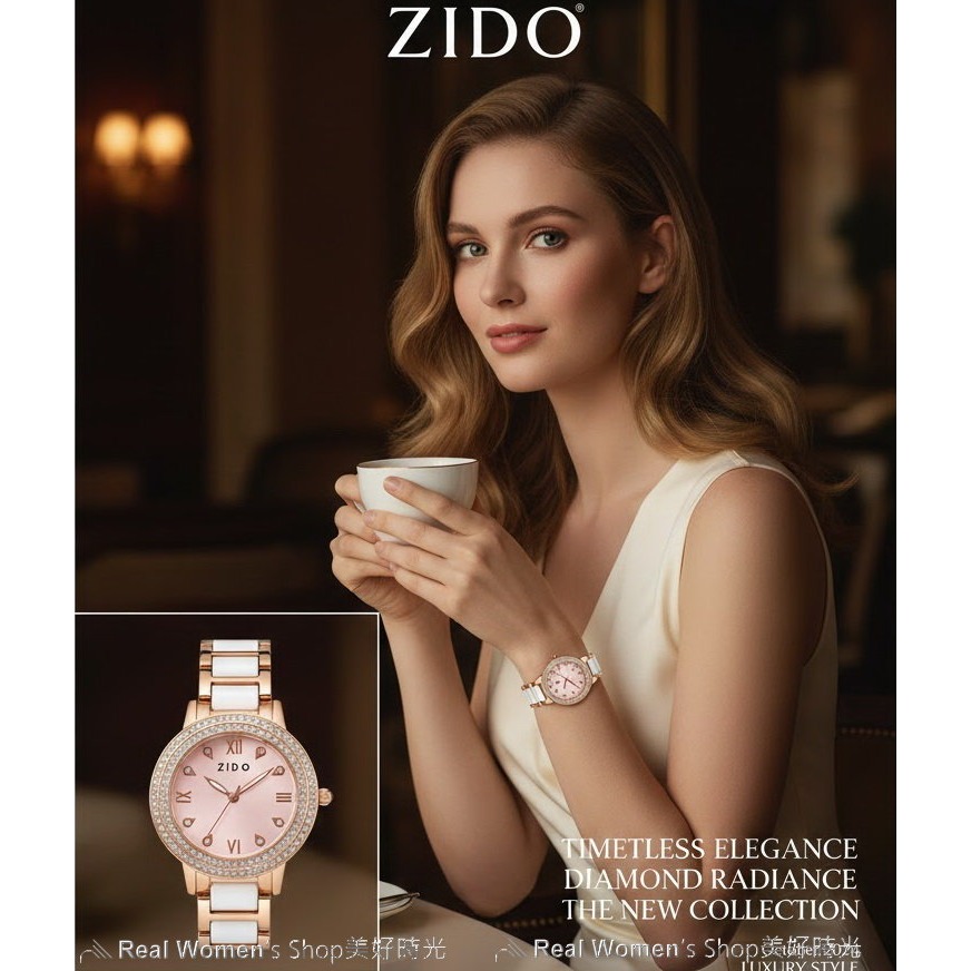 ZIDO 玫瑰金陶瓷晶鑽錶 名媛風女錶 滿鑽錶圈 粉&白錶面 優雅耐看百搭不退流行 送禮 自用首選-細節圖2