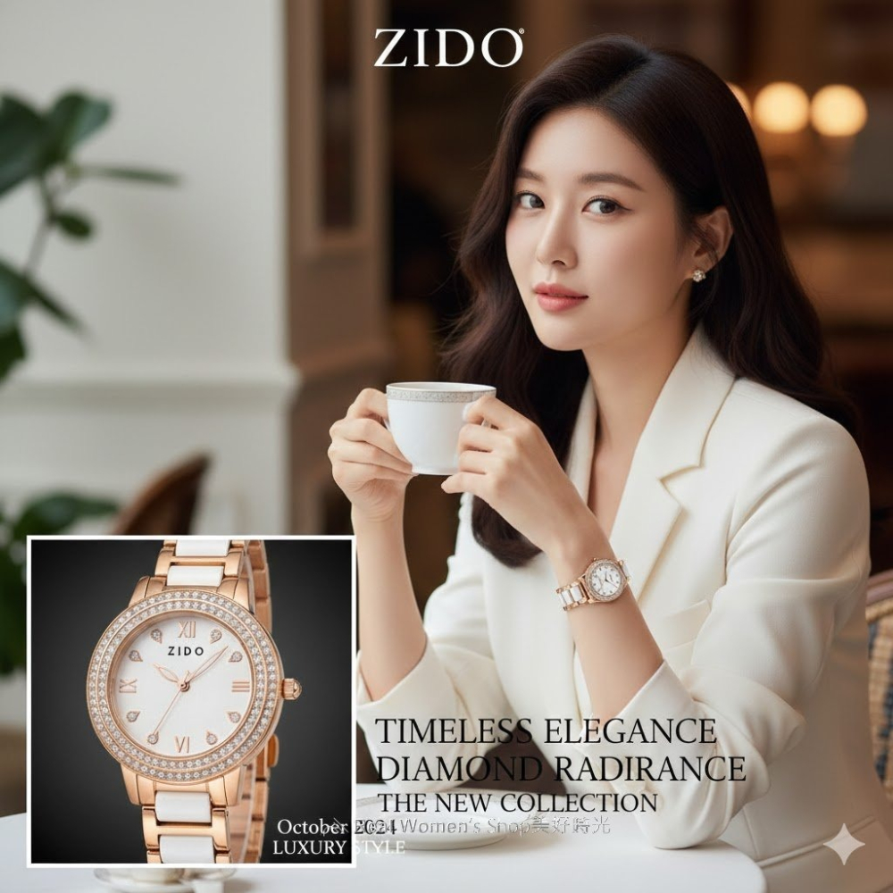 ZIDO 玫瑰金陶瓷晶鑽錶 名媛風女錶 滿鑽錶圈 粉&白錶面 優雅耐看百搭不退流行 送禮 自用首選-細節圖5