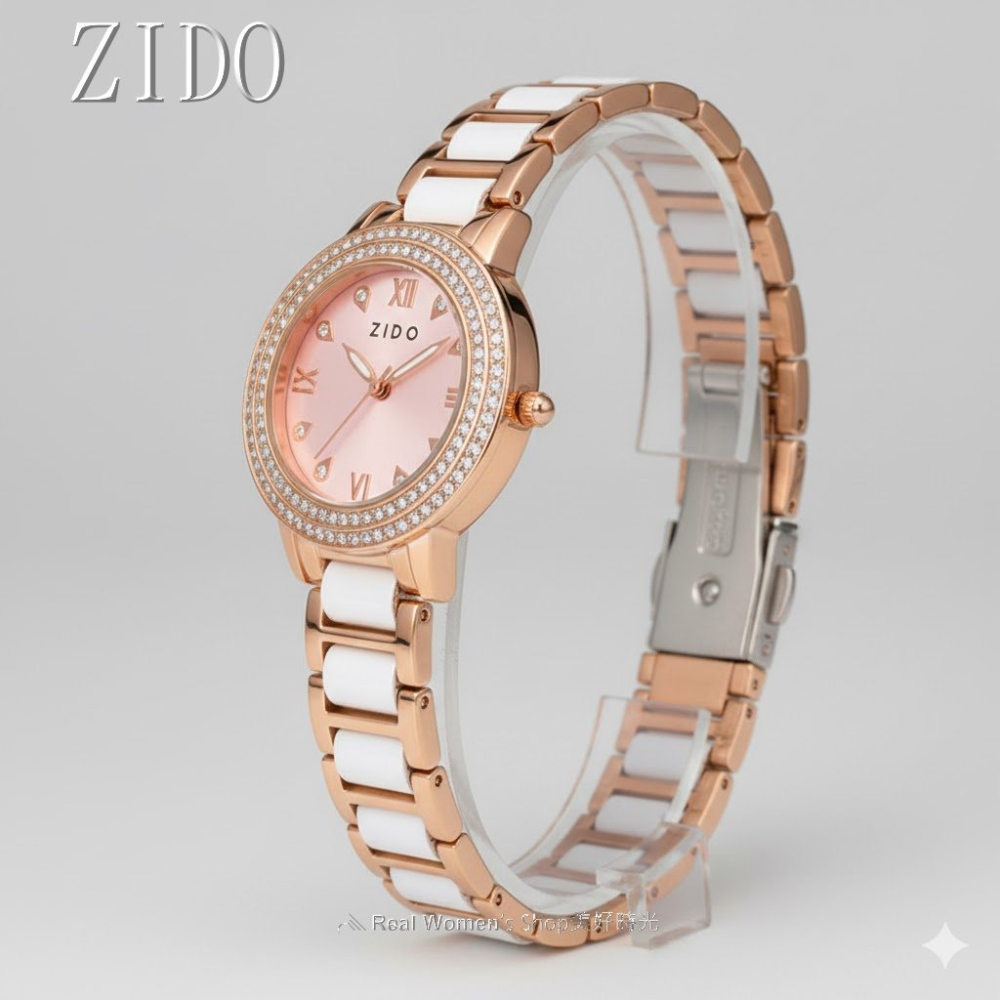 ZIDO 玫瑰金陶瓷晶鑽錶 名媛風女錶 滿鑽錶圈 粉&白錶面 優雅耐看百搭不退流行 送禮 自用首選-細節圖8
